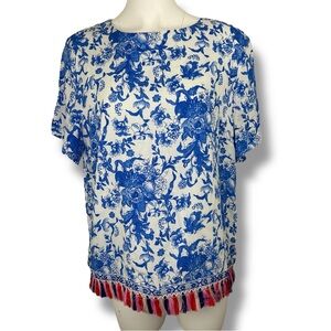 NWT Alice & You Pullover Blouse Size 18 Blue/White Floral w/Fringe